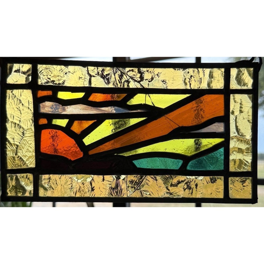 Vintage Stained Glass Hanging Window Panel Suncatcher Sunrise Nature 9x5